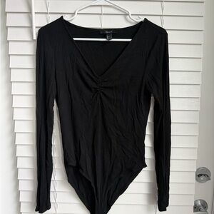 Forever 21 Black Ribbed V-Neck Long-Sleeve Bodysuit